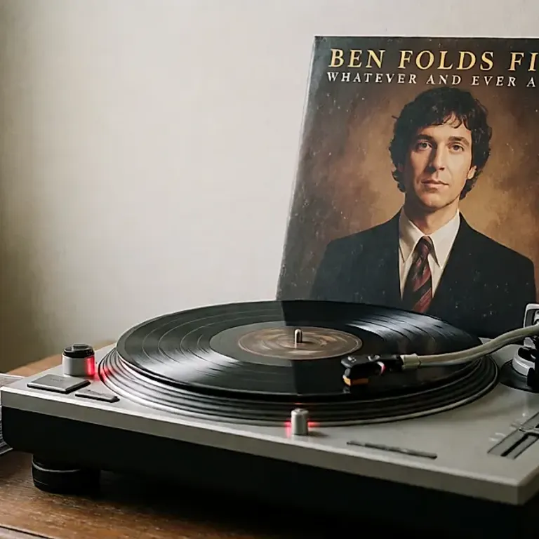 Illustration générée : un vinyle sur une platine, des boîtiers de CD et une table en bois, évocation d’un disque des années 1990